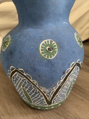 Handmade Mexican? Pottery Pitcher Vase Marked Unglazed Blue Green