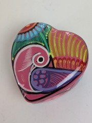 Vintage Mexican Pottery Heart Box Hand Painted Floral Bird Jewelry Dish