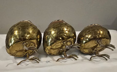 Brass Mexican Pottery Owls Set of 3 Signed Artist Alexander Blazquez MCM