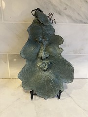 Studio Pottery Green Man Face Leaf Wall Hanging Folk Art Garden Decor Signed CM