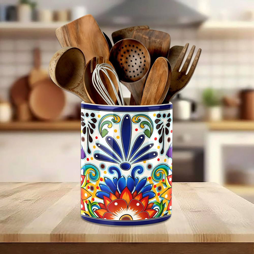 Mexican Tiles Kitchen Utensil Holder, Mexica Theme Talavera Large Ceramic Utensi