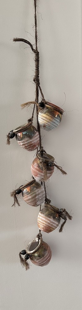 Mexican Ristra of 3.25 in.Little Clay Pots Brass Copper Insets Wood Beads 34 in.