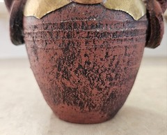 Vintage Mexican Terracotta Pottery Vase, Brass Copper Overlay Loop Handles, 5.5″