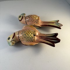 Pair Vintage Parrot Handpainted 5”Figures Signed Mexico Peach Blue Green Coral