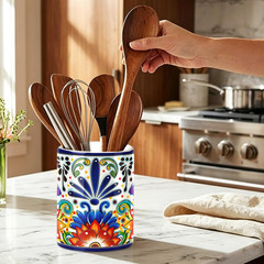 Mexican Tiles Kitchen Utensil Holder, Mexica Theme Talavera Large Ceramic Utensi