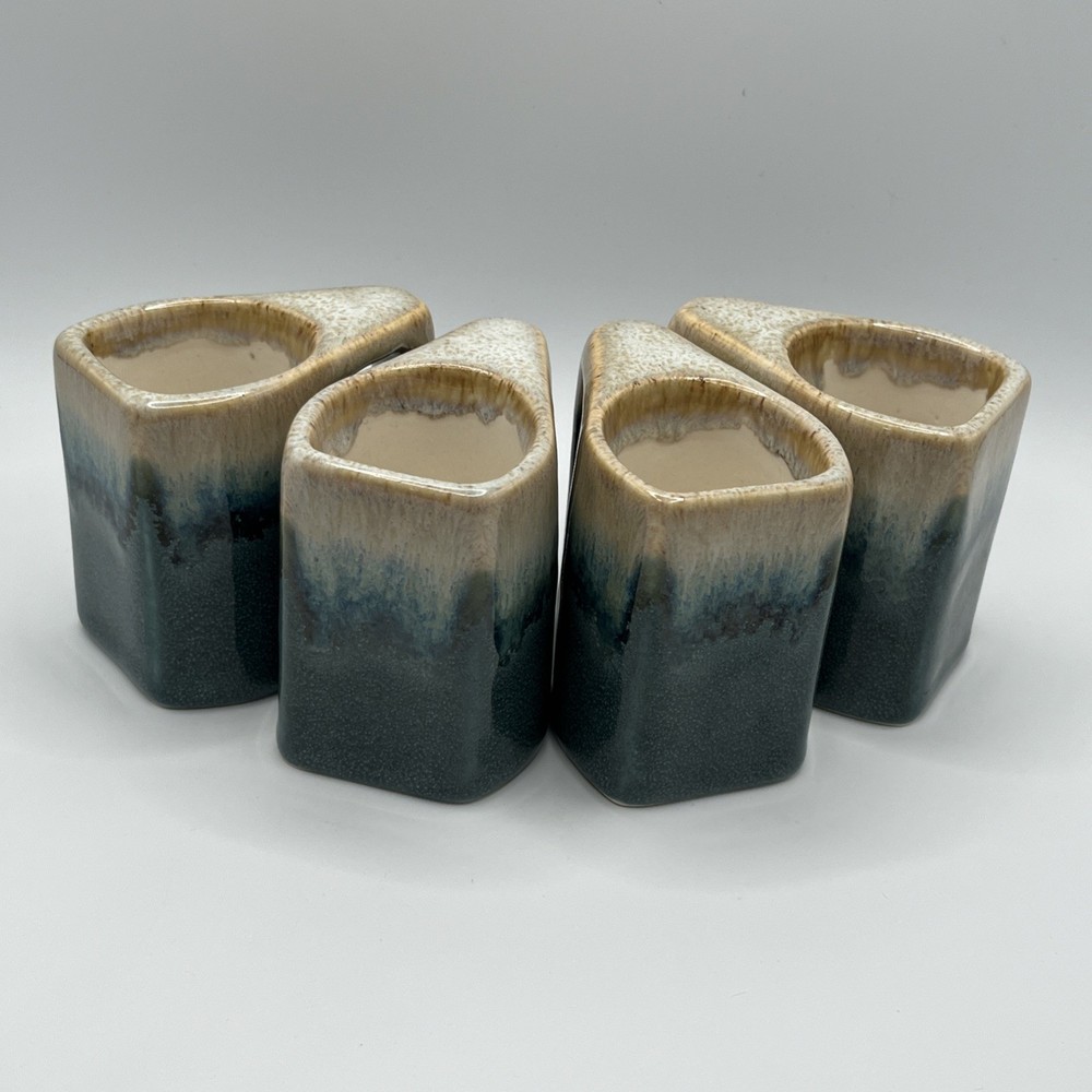 Vintage Padilla Mexico Stacking Pottery Mugs Set of 4 Blue Beige Drip Glaze
