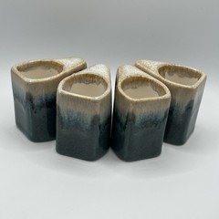 Vintage Padilla Mexico Stacking Pottery Mugs Set of 4 Blue Beige Drip Glaze