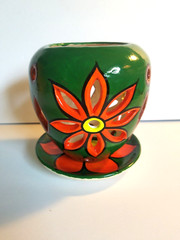 Vintage Mexican Art Pottery Candleholder Green Orange 2 Pieces Tealight Decor D