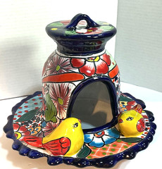 Lrge 11” Mexican Pottery Talavera Pottery “Love Birds” Hanging Bird House Feeder