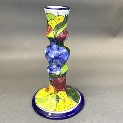 Vintage Mexican Art Pottery Talavera Hand Painted Single Candlestick 7.75″ Tall