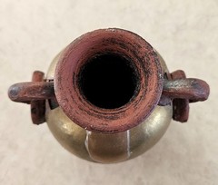 Vintage Mexican Terracotta Pottery Vase, Brass Copper Overlay Loop Handles, 5.5″