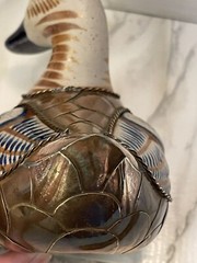 Vintage hand painted Mexican folk art tonala Copper & brass duck figure