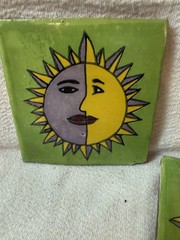 VTG Mexican Talavera Tiles Set 10 Sun Moon Face Hand Painted Green 4in