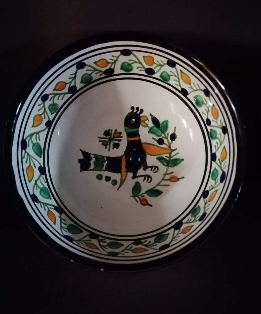 Mexico Folk Art Pottery 6″ Round Bowl Bird Floral