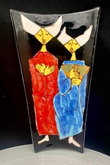 VTG ITALIAN CAPRI MCM CERAMIC HANDMADE WALL PLAQUE 10″ x 6″, TWO NUNS, c1960 vg