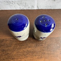 Vintage Mexican Pottery Salt & Pepper Shakers Blue & Grey Floral Plastic Corks