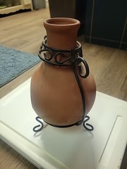 VTG RARE Mexico Talavera Terra Cotta Pottery Table Top Chiminea with Metal Stand