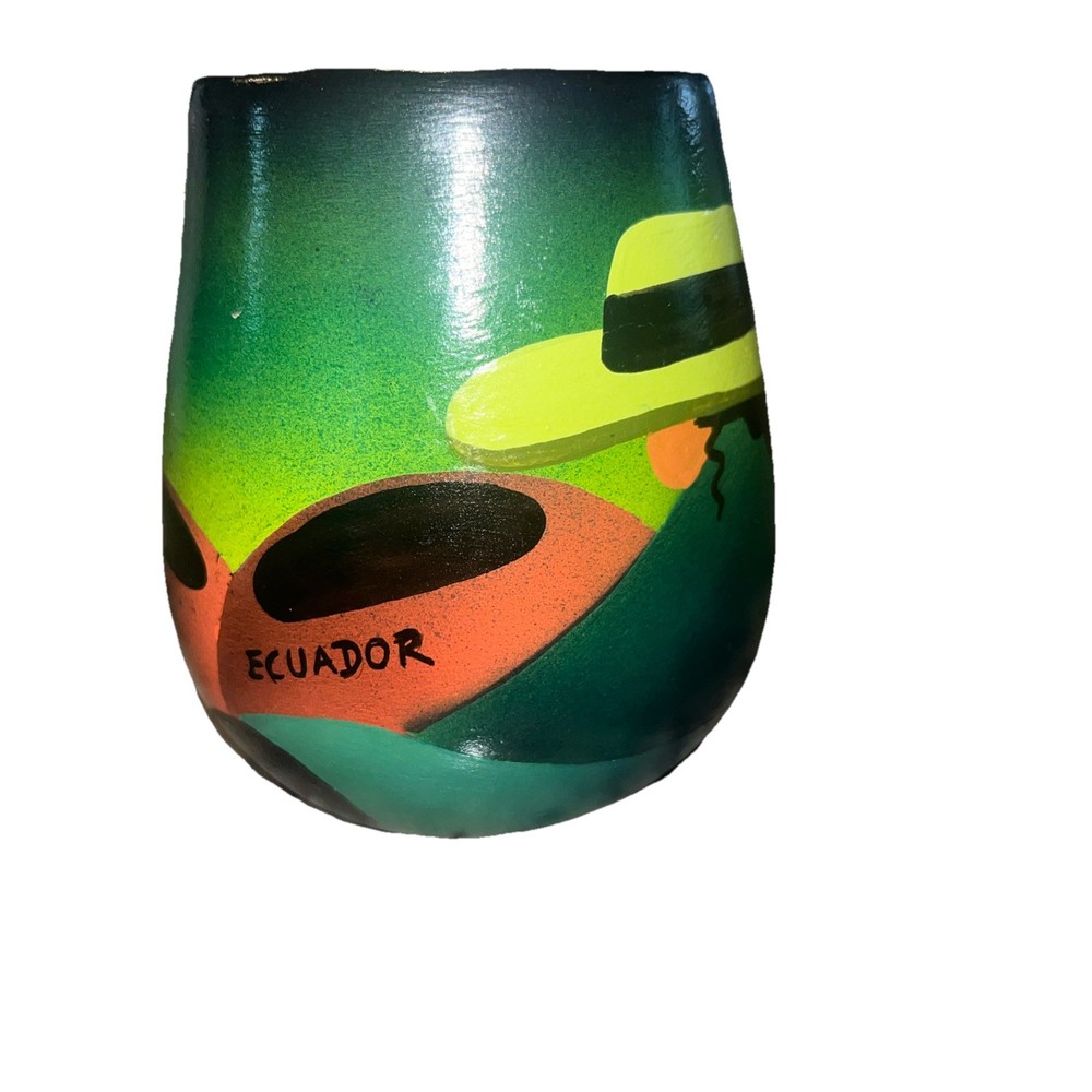 Brightly Hand Painted 4 In. Ceramic Pot Depicting Two Women Of Ecuador