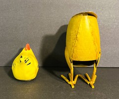 Vintage Handmade Painted Hen Pottery & Tin Chick Sculpture Yellow Chicken Lot
