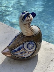 Vintage hand painted Mexican folk art tonala Copper & brass duck figure