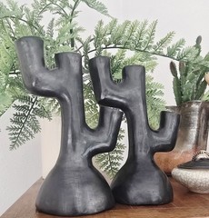 Pair Barro Candle Holders Oazaca Mexican Black Clay Folk Art Pottery Mexico