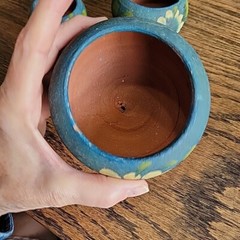Mexico souvenir pottery hand painted blue set Of 3 tiny Collect Flower Pot Red C