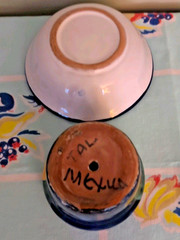 Talavera Cup Planter and Underplate Bowl Sunflower Pattern Yellow Navy Signed