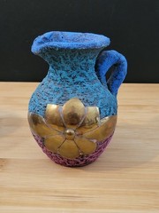 Vtg Black Clay Sand Terracotta Pottery Vase Copper/Brass Flower Trio Of Pitchers