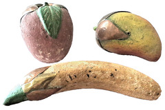 70s VTG Mexico Burnished Clay Fruit Apple Mango Banana Terracotta Brass Inlay HP