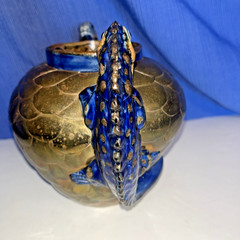 Sergio Bustamente Style Mexico Art Pottery Brass Scales Iguana Handle Vase