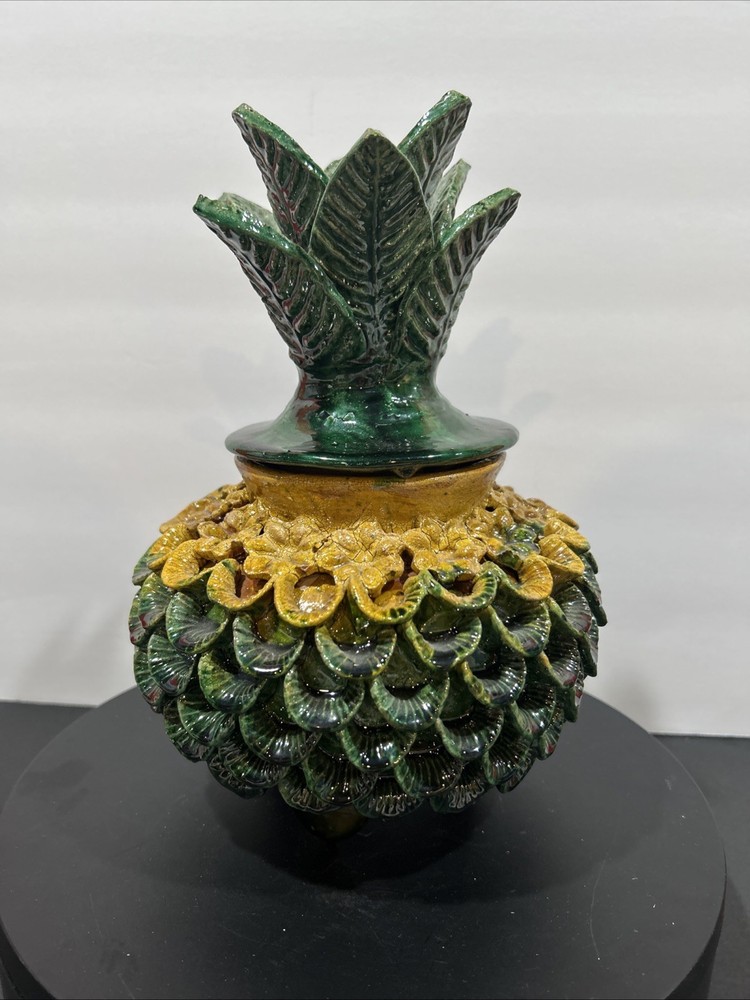 Green Glazed Hilario Alejos Madrigal Michoacan Pottery Pineapple Pot w/ Lid 7”