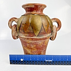 Vintage Mexican Terracotta Pottery Vase, Brass Copper Overlay Loop Handles, 8″