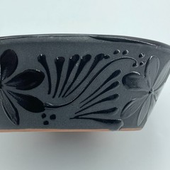MEXICAN Clay Bowls Set of 2 Black Terracotta Floral Serving Handmade NEW 7in