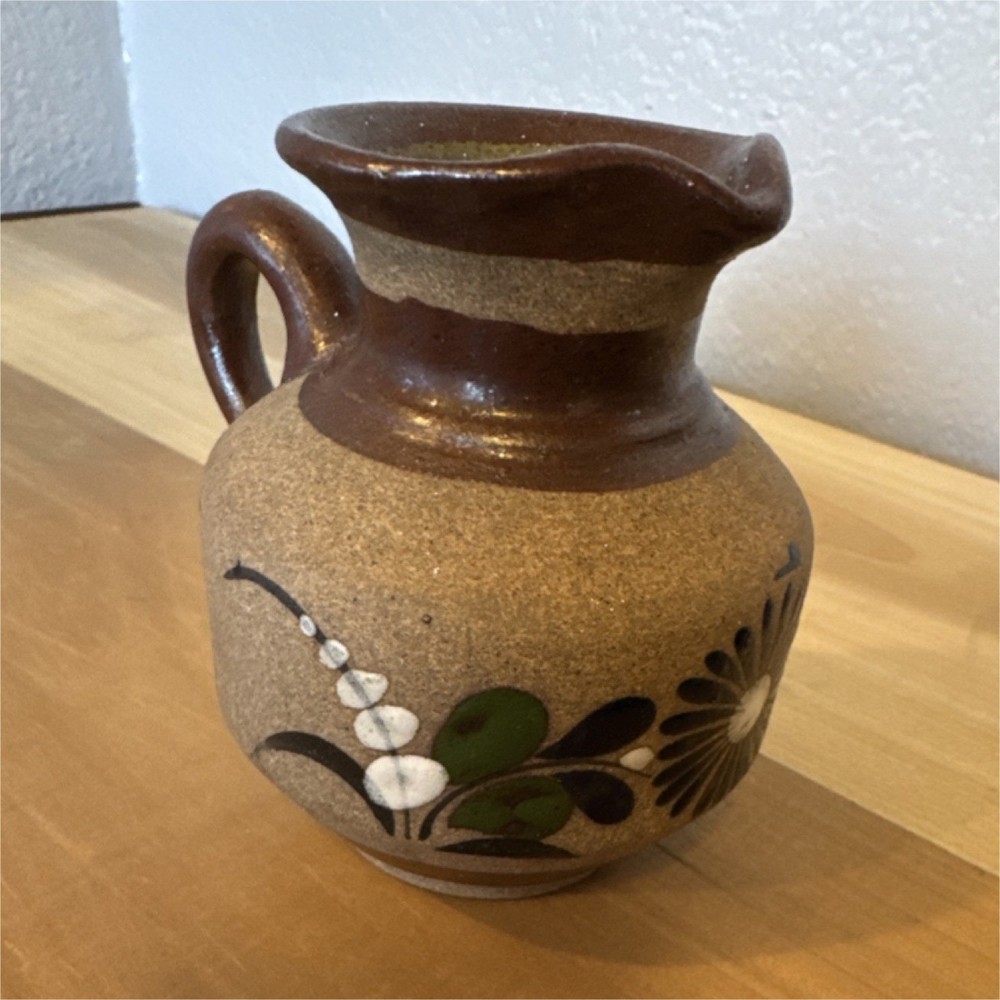 Mexican Handmade Pottery Pitcher Hand Painted Floral Design Signed