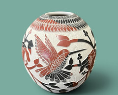 Mata Ortiz Pottery Lupita Quezada Hummingbird Flowers Floral Jar Vase Mexican