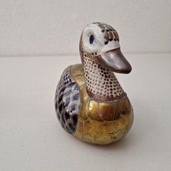 Vintage Mexican Tonala Pottery & Brass Duck Bird Handpaint Sculpture 7″ x 6″