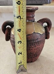 Vintage Mexican Terracotta Pottery Vase, Brass Copper Overlay Loop Handles, 5.5″