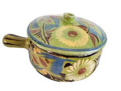 Vtg Mexican Talavera Handled Lidded Bowl Pottery Redware Floral Green