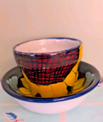 Talavera Cup Planter and Underplate Bowl Sunflower Pattern Yellow Navy Signed