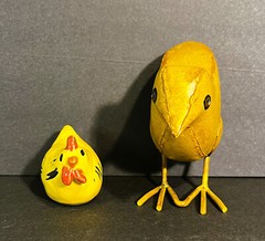 Vintage Handmade Painted Hen Pottery & Tin Chick Sculpture Yellow Chicken Lot