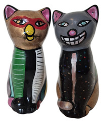 Vintage Mexican Pottery Folk Art Terracotta Cat Figurines Hand Painted 7.5″ x 5″