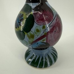 Vintage Mexican Pottery Vase Hand Painted Blue Green Floral Tall Ceramic 11.5″