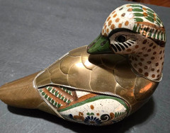 Vintage Tonala Pottery/Brass Hand Painted Mexican Folk Art Duck Figurine.