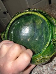 Vintage Green Redware Pottery piece from Oaxaca, Mexico, featuring an applied fl