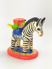 Vintage Mexican Folk Art Candle Holder Handmade Zebra Birds Clay Pottery