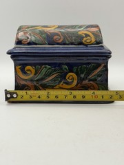Vintage Mexican Folk Art Pottery Lidded Box Hand Painted Blue Floral Ceramic