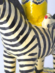 Vintage Mexican Folk Art Candle Holder Handmade Zebra Birds Clay Pottery Large