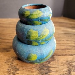 Mexico souvenir pottery hand painted blue set Of 3 tiny Collect Flower Pot Red C