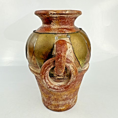 Vintage Mexican Terracotta Pottery Vase, Brass Copper Overlay Loop Handles, 8″