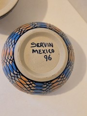 Javier Servin Blue & Orange Hand Painted Mexican Pottery Round Trinket Box 1996